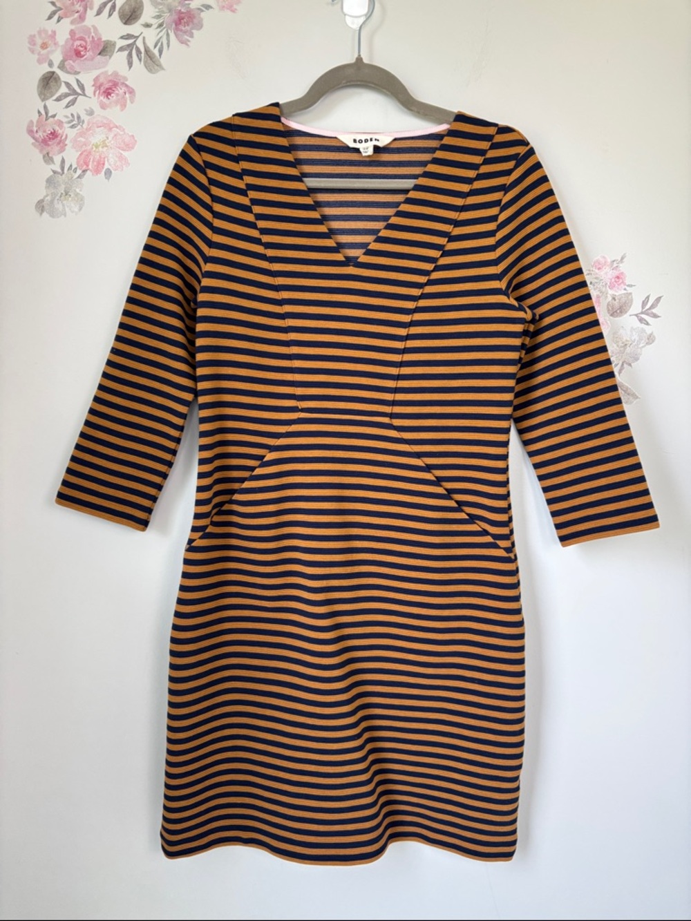 Boden Striped V-Neck Long-Sleeve Dress in Navy and Orange - 8R